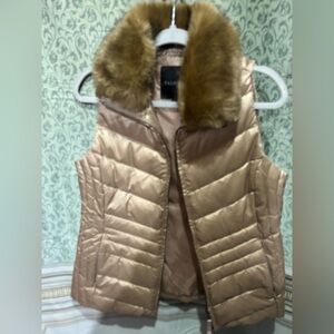 Talbots Metallic Gold Vest with Faux Fur Trim